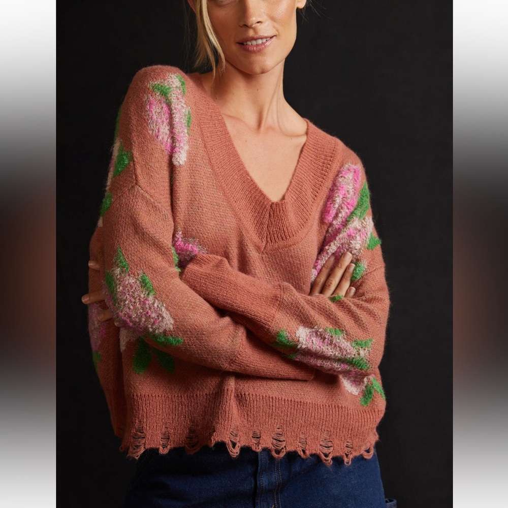 Anthropologie Floral Knit Sweater - Pink and Green